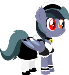Size: 3000x3255 | Tagged: safe, artist:phantomarts, oc, oc only, oc:scrimmy, species:bat pony, species:pony, bat pony oc, bat wings, bell, clothing, crossdressing, ear fluff, fangs, folded wings, gift art, heterochromia, high res, maid, male, pony oc, sharp teeth, shoes, simple background, solo, standing, transparent background, wings, wrist cuffs