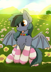 Size: 2893x4092 | Tagged: safe, artist:monycaalot, oc, oc only, oc:scrimmy, species:bat pony, species:pony, bat pony oc, bat wings, blep, chest fluff, clothing, collar, commission, eye clipping through hair, fangs, femboy, flower, grass, grass field, heart, heterochromia, male, sharp teeth, sitting, socks, solo, spread wings, striped socks, tongue out, tree, wings