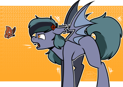 Size: 4093x2894 | Tagged: safe, artist:jellysketch, oc, oc only, oc:scrimmy, species:bat pony, species:pony, angry, bat pony oc, bat wings, fangs, heterochromia, hissing, insect, looking at you, male, moth, pony oc, sharp teeth, simple background, solo, spread wings, stallion, teeth, wings