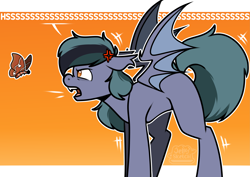 Size: 4093x2894 | Tagged: safe, artist:jellysketch, oc, oc only, oc:scrimmy, species:bat pony, species:pony, angry, bat pony oc, bat wings, fangs, heterochromia, hissing, insect, looking at you, male, moth, pony oc, sharp teeth, simple background, solo, spread wings, stallion, teeth, wings