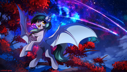 Size: 2500x1406 | Tagged: safe, artist:redchetgreen, oc, oc only, oc:scrimmy, species:bat pony, species:pony, bat pony oc, bat wings, chest fluff, complex background, ear fluff, fangs, flying, heterochromia, looking at you, male, night, sharp teeth, shooting star, slender, smiling, smiling at you, solo, spread wings, stars, thin, tree, wallpaper, wings