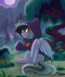 Size: 1816x2154 | Tagged: safe, artist:cadetredshirt, oc, oc only, oc:scrimmy, species:bat pony, species:pony, clothing, commission, everfree forest, hoodie, looking at you, looking back, looking back at you, moon, night, sitting, solo, ych result