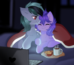 Size: 1053x927 | Tagged: safe, artist:freyamilk, oc, oc only, oc:scrimmy, oc:stargazermap, species:bat pony, species:pegasus, species:pony, bat pony oc, bat wings, blanket, chocolate, complex background, computer, cute, drink, duo, duo male, ethereal mane, fangs, food, galaxy mane, hot chocolate, laptop computer, male, nuzzling, pegasus oc, pegasus wings, pony oc, sharp teeth, smiling, snuggling, watching tv, wings