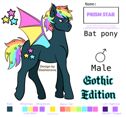 Size: 3000x2800 | Tagged: safe, artist:dashienova, edit, oc, oc only, oc:prism star, species:bat pony, species:pony, bat pony oc, bat wings, blackletter, color palette, colorful, ethereal mane, galaxy mane, heterochromia, male, pony oc, reference sheet, simple background, solo, text, white background, wings
