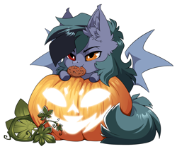 Size: 1500x1267 | Tagged: safe, alternate version, artist:arctic-fox, part of a set, oc, oc only, oc:scrimmy, species:bat pony, species:pony, alternate character, commission, cookie, food, holding, mouth hold, pumpkin, simple background, solo, transparent background, ych result