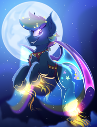 Size: 1900x2500 | Tagged: safe, artist:starcasteclipse, oc, oc only, oc:prism star, species:bat pony, species:pony, commission, flying, glowing, glowing hooves, grin, harness, jingle bells, moon, smiling, solo, tack, ych result