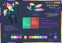 Size: 1600x1106 | Tagged: safe, artist:dashienova, artist:monycaalot, artist:scrimmypone, oc, oc only, oc:prism star, species:bat pony, species:pony, bat pony oc, bat wings, color palette, colorful, fangs, heterochromia, male, rainbow, reference sheet, sharp teeth, smiling, solo, spread wings, wings