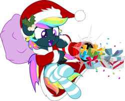Size: 6162x5000 | Tagged: safe, artist:jhayarr23, oc, oc only, oc:prism star, species:bat pony, species:pony, bat pony oc, bat wings, cannon, christmas, clothing, commission, confetti, costume, cross-eyed, excited, fangs, hat, heterochromia, holiday, male, mistleholly, multicolored hair, open mouth, open smile, party cannon, present, present cannon, rainbow hair, santa costume, santa hat, sharp teeth, simple background, smiling, socks, solo, spread wings, striped socks, transparent background, weapon, wings, ych result