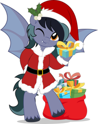 Size: 3959x5000 | Tagged: safe, artist:jhayarr23, oc, oc only, oc:scrimmy, species:bat pony, species:pony, bag, bat pony oc, bat wings, bipedal, christmas, clothing, commission, costume, cute, fangs, hat, heterochromia, holding a present, holiday, looking at you, male, mistleholly, ocbetes, one eye closed, present, santa costume, santa hat, sharp teeth, simple background, smiling, solo, spread wings, transparent background, unshorn fetlocks, wings, wink, winking at you, ych result