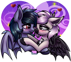 Size: 2022x1774 | Tagged: safe, artist:kruszynka25, oc, oc only, oc:devilvoice, oc:scrimmy, species:bat pony, species:pony, bat pony oc, blushing, floating heart, heart, holiday, looking at each other, looking at someone, oc x oc, shipping, simple background, transparent background, unshorn fetlocks, valentine's day