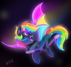 Size: 2048x1927 | Tagged: safe, artist:brdte, oc, oc only, oc:prism star, species:bat pony, species:pony, bat pony oc, colored wings, fangs, flying, glowing, multicolored hair, multicolored wings, open mouth, open smile, rainbow hair, rainbow wings, sharp teeth, signature, smiling, solo, spread wings, underhoof, wings