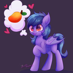 Size: 2048x2048 | Tagged: safe, artist:plushtrapez, oc, oc only, oc:scrimmy, species:bat pony, species:pony, bat pony oc, food, heart, herbivore, high res, mango, purple background, raised hoof, simple background, solo, thought bubble
