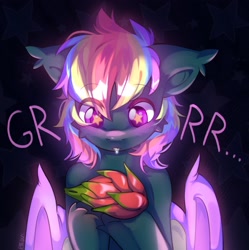 Size: 2239x2247 | Tagged: safe, artist:pledus, oc, oc:prism star, species:bat pony, species:pony, abstract background, admiring, blushing, colored pupils, colored wings, colorful, cute, dragon fruit, dragonfruit, drool, floppy ears, focused, folded wings, food, fruit, glowing, herbivore, high res, hungry, looking at something, male, multicolored hair, multicolored wings, open mouth, signature, solo, stallion, stare, starry background, starry eyes, stars, text, unshorn fetlocks, wingding eyes, wings