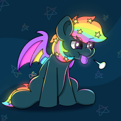 Size: 1300x1300 | Tagged: safe, artist:okopod, oc, oc only, oc:prism star, species:bat pony, species:pony, abstract background, annoyed, bat pony oc, bat wings, blep, closed mouth, cute, glowing, glowing eyes, glowing mane, glowing mouth, glowing tail, glowing wings, heterochromia, irritated, male, male oc, pony oc, sigh, simple background, solo, spread wings, stallion, tail, tongue out, wings