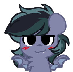 Size: 1576x1553 | Tagged: safe, artist:ninnydraws, oc, oc only, oc:scrimmy, species:bat pony, species:pony, bat pony oc, bat wings, blushing, boykisser, fangs, looking at you, male, meme, sharp teeth, simple background, smug, solo, transparent background, wings