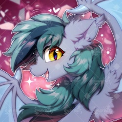 Size: 1500x1500 | Tagged: safe, artist:swaybat, oc, oc only, oc:scrimmy, species:bat pony, species:pony, bat pony oc, bat wings, chest fluff, commission, ear fluff, fangs, fluffy, happy, male, obtrusive watermark, open mouth, sharp teeth, solo, stallion, watermark, wings