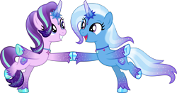 Size: 6109x3200 | Tagged: safe, alternate version, artist:limedazzle, character:starlight glimmer, character:trixie, species:auroricorn, species:pony, g4, g5, crystal horn, cute, dancing, diatrixes, duo, glimmerbetes, glitter, grin, happy, holding hooves, horn, ice skating, jewelry, looking at each other, looking at someone, necklace, open mouth, open smile, race swap, simple background, smiling, standing on one leg, three quarter view, transparent background, unshorn fetlocks