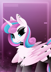 Size: 1529x2160 | Tagged: safe, artist:andaluce, artist:jorge-styx, character:princess flurry heart, species:alicorn, species:pony, g4, big wings, clothing, collaboration, collar, edgy, emo, female, gritted teeth, horn, horn jewelry, horn ring, jewelry, lineless, mare, older, older flurry heart, partially open wings, piercing, princess emo heart, ring, signature, socks, solo, spiked collar, teeth, wings
