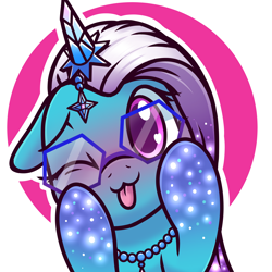 Size: 3000x3000 | Tagged: safe, artist:magician-horse, character:comet, species:auroricorn, species:pony, g5, :3, abstract background, blep, blushing, bust, coat markings, cometbetes, cute, eyebrows, floppy ears, glasses, hooves on cheeks, jewelry, looking at you, male, necklace, one eye closed, simple background, smiling, socks (coat marking), solo, stallion, tongue out, wink, winking at you