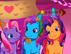 Size: 900x675 | Tagged: safe, screencap, character:rainbow dash (g3), character:scootaloo (g3), character:starsong, episode:pinkie pie's party party, g3, meet the ponies, clothing, hat, looking at each other, looking at someone, party hat, trio, worried