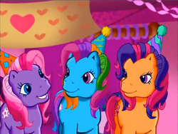 Size: 900x675 | Tagged: safe, screencap, character:rainbow dash (g3), character:scootaloo (g3), character:starsong, episode:pinkie pie's party party, g3, meet the ponies, clothing, hat, lidded eyes, looking at each other, looking at someone, party hat