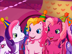 Size: 900x675 | Tagged: safe, screencap, character:cheerilee (g3), character:sweetie belle (g3), character:toola roola (g3), species:earth pony, species:pony, species:unicorn, episode:pinkie pie's party party, g3, meet the ponies, clothing, hat, looking at each other, looking at someone, party hat, trio