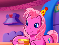 Size: 900x675 | Tagged: safe, screencap, character:pinkie pie (g3), species:earth pony, species:pony, episode:pinkie pie's party party, g3, meet the ponies, cake, clothing, food, hat, party hat, solo