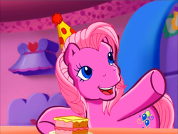 Size: 900x675 | Tagged: safe, screencap, character:pinkie pie (g3), species:earth pony, species:pony, episode:pinkie pie's party party, g3, meet the ponies, cake, clothing, food, hat, party hat, raised hoof, solo