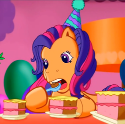Size: 678x675 | Tagged: safe, screencap, character:scootaloo (g3), species:earth pony, species:pony, episode:pinkie pie's party party, g3, meet the ponies, cake, clothing, eating, food, hat, open mouth, party hat, solo, spoon