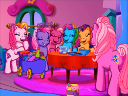 Size: 900x675 | Tagged: safe, screencap, character:cheerilee (g3), character:pinkie pie (g3), character:rainbow dash (g3), character:scootaloo (g3), character:starsong, character:sweetie belle (g3), character:toola roola (g3), species:earth pony, species:pony, episode:pinkie pie's party party, g3, meet the ponies, core seven, eyes closed, laughing