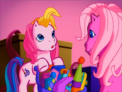 Size: 900x675 | Tagged: safe, screencap, character:pinkie pie (g3), character:toola roola (g3), species:earth pony, species:pony, episode:pinkie pie's party party, g3, meet the ponies, blowing, duo, hair flip