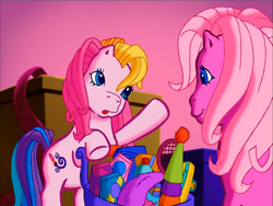 Size: 900x675 | Tagged: safe, screencap, character:pinkie pie (g3), character:toola roola (g3), species:earth pony, species:pony, episode:pinkie pie's party party, g3, meet the ponies, duo, raised hoof, talking