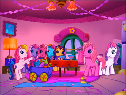 Size: 900x675 | Tagged: safe, screencap, character:cheerilee (g3), character:pinkie pie (g3), character:rainbow dash (g3), character:scootaloo (g3), character:starsong, character:sweetie belle (g3), character:toola roola (g3), species:earth pony, species:pegasus, species:pony, species:unicorn, episode:pinkie pie's party party, g3, meet the ponies, core seven, interior, looking at each other, looking at someone