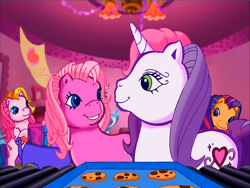 Size: 900x675 | Tagged: safe, screencap, character:pinkie pie (g3), character:scootaloo (g3), character:sweetie belle (g3), character:toola roola (g3), species:earth pony, species:pony, species:unicorn, episode:pinkie pie's party party, g3, meet the ponies, bipedal, cookie, duo focus, food, interior, looking at each other, looking at someone