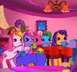 Size: 627x585 | Tagged: safe, screencap, character:cheerilee (g3), character:rainbow dash (g3), character:scootaloo (g3), character:starsong, character:toola roola (g3), species:earth pony, species:pegasus, species:pony, episode:pinkie pie's party party, g3, meet the ponies, interior