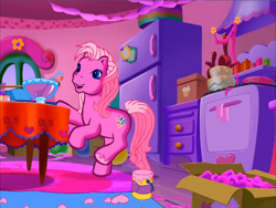 Size: 900x675 | Tagged: safe, screencap, character:pinkie pie (g3), species:earth pony, species:pony, episode:pinkie pie's party party, g3, meet the ponies, banner, happy, interior, paint, prancing, punch (drink), punch bowl, solo