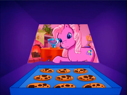Size: 900x675 | Tagged: safe, screencap, character:pinkie pie (g3), species:earth pony, species:pony, episode:pinkie pie's party party, g3, meet the ponies, cookie, food, offscreen character, pov, sad, solo, worried