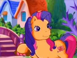 Size: 900x675 | Tagged: safe, screencap, character:scootaloo (g3), species:earth pony, species:pony, episode:pinkie pie's party party, g3, meet the ponies, bridge, houses, kite, kite flying, looking at someone, outdoors, solo