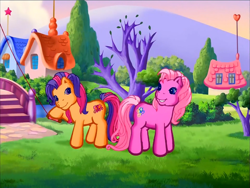 Size: 900x675 | Tagged: safe, screencap, character:pinkie pie (g3), character:scootaloo (g3), species:earth pony, species:pony, episode:pinkie pie's party party, g3, meet the ponies, bridge, bush, butt, butt to butt, butt touch, duo, houses, kite, kite flying, looking at each other, looking at someone, outdoors, tree