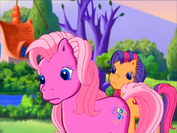 Size: 900x675 | Tagged: safe, screencap, character:pinkie pie (g3), character:scootaloo (g3), species:earth pony, species:pony, episode:pinkie pie's party party, g3, meet the ponies, duo, looking at someone, outdoors, sad, worried