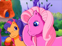 Size: 900x675 | Tagged: safe, screencap, character:pinkie pie (g3), character:scootaloo (g3), species:earth pony, species:pony, episode:pinkie pie's party party, g3, meet the ponies, duo, hoof on head, outdoors, sad, thinking, worried