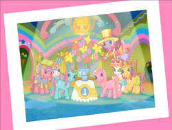 Size: 900x675 | Tagged: safe, screencap, character:cheerilee (g3), character:pinkie pie (g3), character:rainbow dash (g3), character:scootaloo (g3), character:starsong, character:sweetie belle (g3), character:toola roola (g3), species:earth pony, species:pegasus, species:pony, species:unicorn, episode:rainbow dash's hat fashion party, g3, meet the ponies, bouquet, clothing, core seven, flower, flying, hat, looking at camera, raised hoof, spotlight