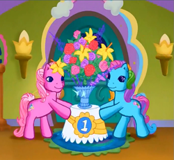 Size: 649x598 | Tagged: safe, screencap, character:pinkie pie (g3), character:rainbow dash (g3), species:earth pony, species:pony, episode:rainbow dash's hat fashion party, g3, meet the ponies, bipedal, bouquet, duo, flower, looking at each other, looking at someone