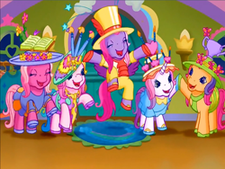 Size: 900x675 | Tagged: safe, screencap, character:cheerilee (g3), character:scootaloo (g3), character:starsong, character:sweetie belle (g3), character:toola roola (g3), species:earth pony, species:pegasus, species:pony, species:unicorn, episode:rainbow dash's hat fashion party, g3, meet the ponies, book, butterfly, candle, clothing, cupcake, dress, eyes closed, flower, flower in hair, food, hat, heart, high heels, hoofbump, jumping, kerchief, looking at each other, looking at someone, necktie, paintbrush, pants, raised hoof, shirt, shoes, sun hat, top hat, trophy