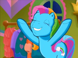 Size: 900x675 | Tagged: safe, screencap, character:rainbow dash (g3), species:earth pony, species:pony, episode:rainbow dash's hat fashion party, g3, meet the ponies, cheering, eyes closed, happy, raised hoof, raised hooves, solo