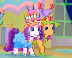 Size: 597x479 | Tagged: safe, screencap, character:scootaloo (g3), character:sweetie belle (g3), species:earth pony, species:pony, species:unicorn, episode:rainbow dash's hat fashion party, g3, meet the ponies, butterfly, candle, clothing, cupcake, dress, duo, food, hat, heart, high heels, shoes, sun hat, trophy
