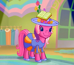 Size: 623x545 | Tagged: safe, screencap, character:cheerilee (g3), species:earth pony, species:pony, episode:rainbow dash's hat fashion party, g3, meet the ponies, book, clothing, dress, flower, hat, high heels, shoes, solo, spotlight