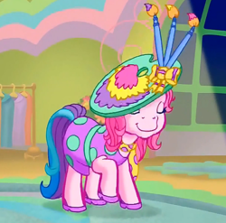 Size: 572x565 | Tagged: safe, screencap, character:toola roola (g3), species:earth pony, species:pony, episode:rainbow dash's hat fashion party, g3, meet the ponies, bow, bowing, clothing, dress, eyes closed, hair bow, hat, high heels, necktie, paint, paintbrush, shoes