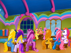 Size: 900x675 | Tagged: safe, screencap, character:pinkie pie (g3), character:puzzlemint, character:sunny daze (g3), character:wysteria, species:earth pony, species:pony, episode:rainbow dash's hat fashion party, g3, meet the ponies, bumblesweet (g3), crowd, interior, merriweather, moondancer (g3), piccolo, sitting, spring parade, table