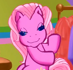 Size: 313x301 | Tagged: safe, screencap, character:pinkie pie (g3), species:earth pony, species:pony, episode:rainbow dash's hat fashion party, g3, meet the ponies, faec, lidded eyes, solo